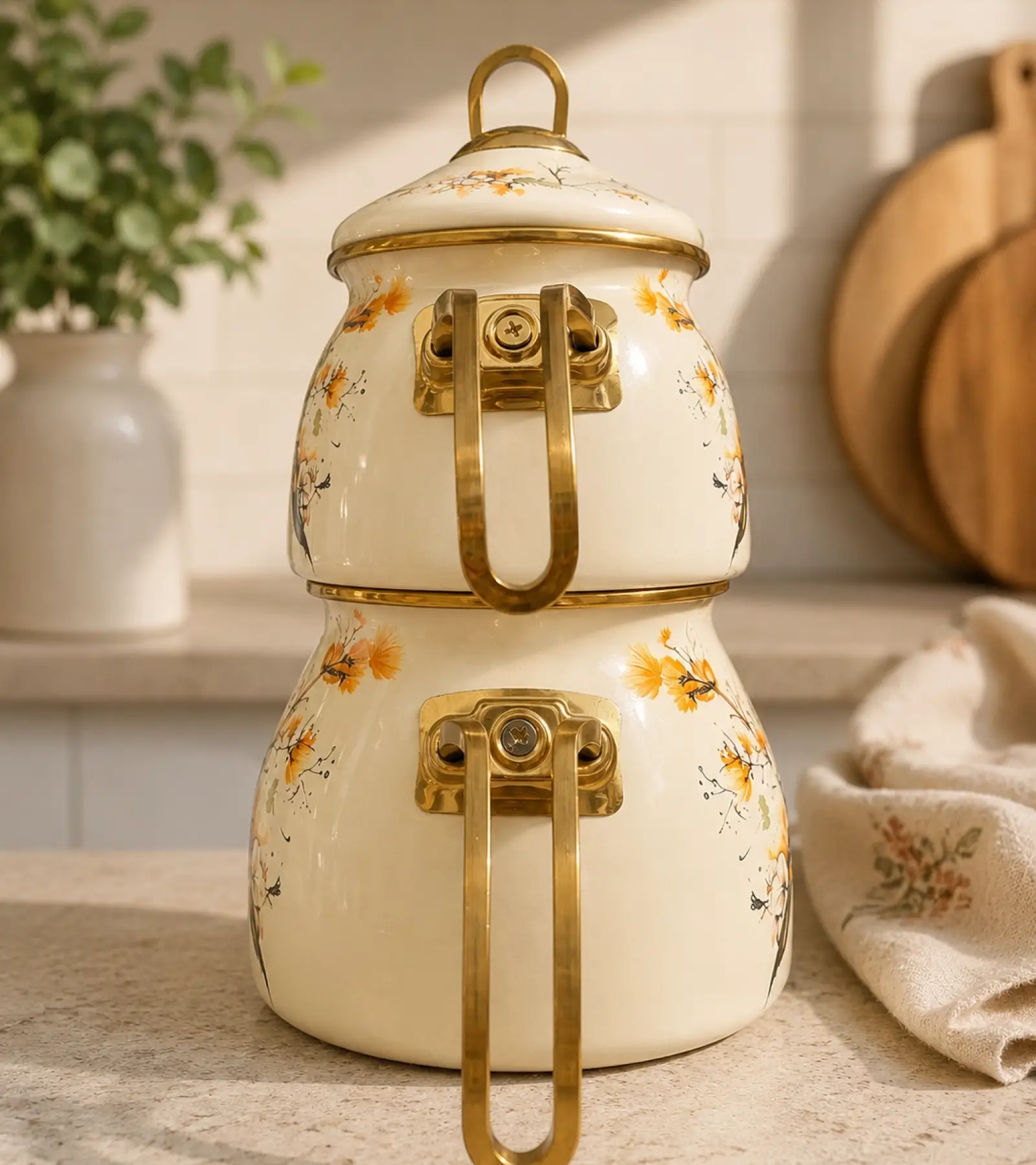 Kuş Dekor Gold Model Emaye Çaydanlık