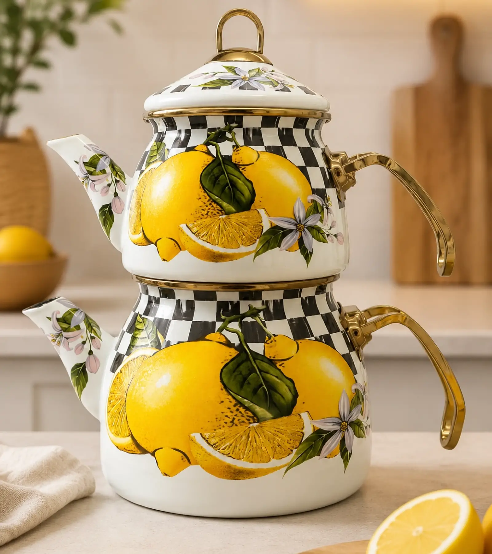 Limon Dekor Gold Model Emaye Çaydanlık