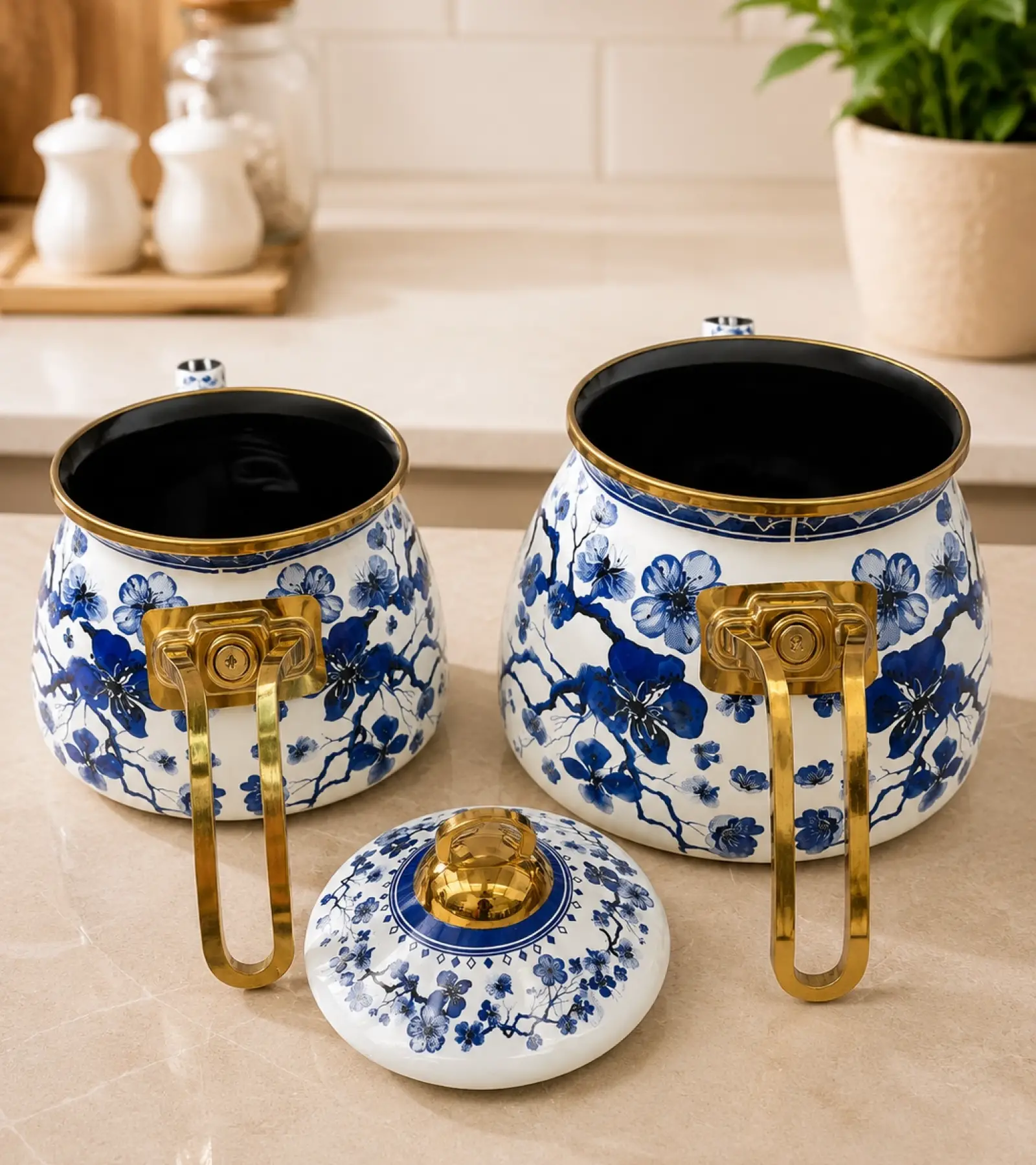 Mavi Çiçek Dekor Gold Model Emaye Çaydanlık