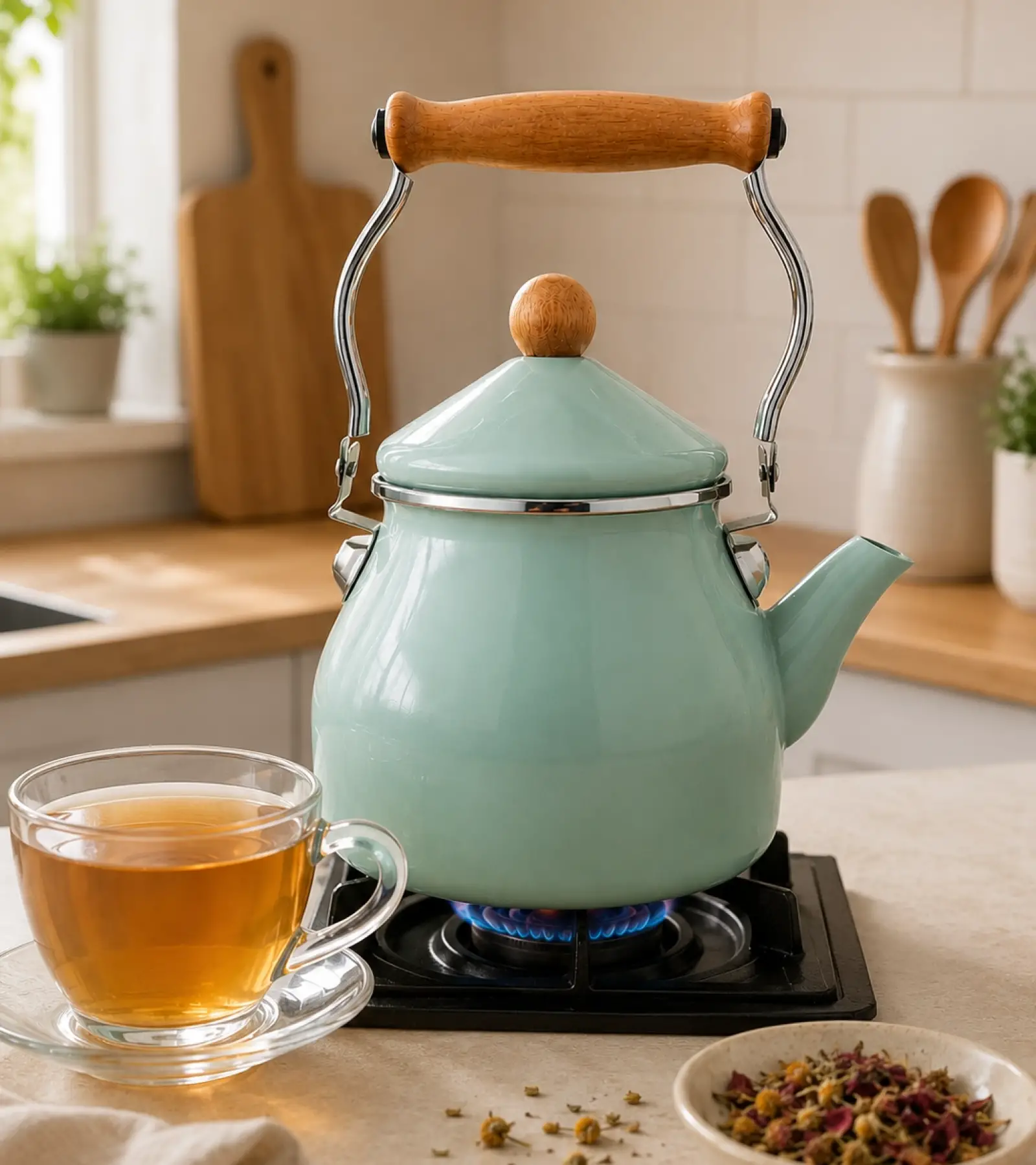 PR Home Soft Yeşil Emaye Demlik Kettle Büyük 2.1 LT