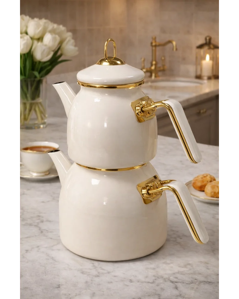 PR Home Emaye Rose Model Çaydanlık Krem