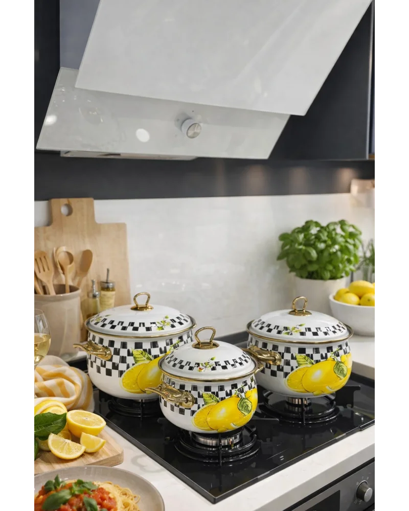 PR Home Lemon Derin Bombeli Emaye Tencere Seti 16-20-24 cm
