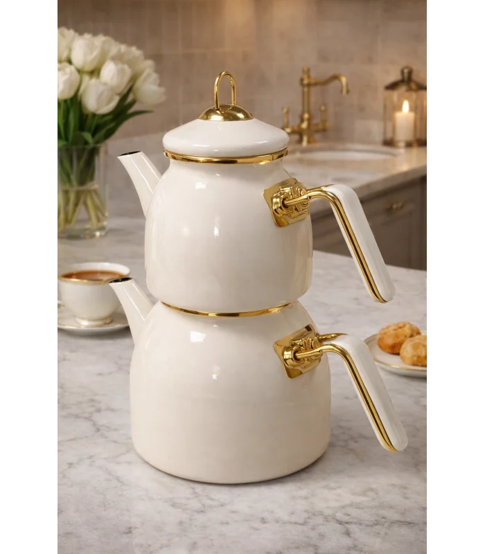 PR Home Emaye Rose Model Çaydanlık Krem