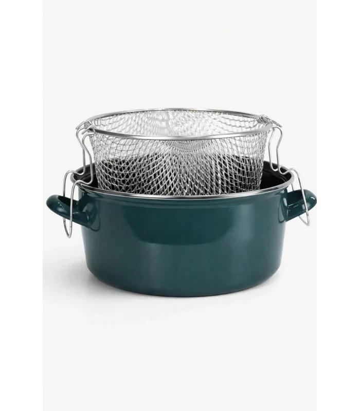 PR Home Emaye Cam Kapaklı Kızartma Tenceresi 24 cm Petrol Yeşili