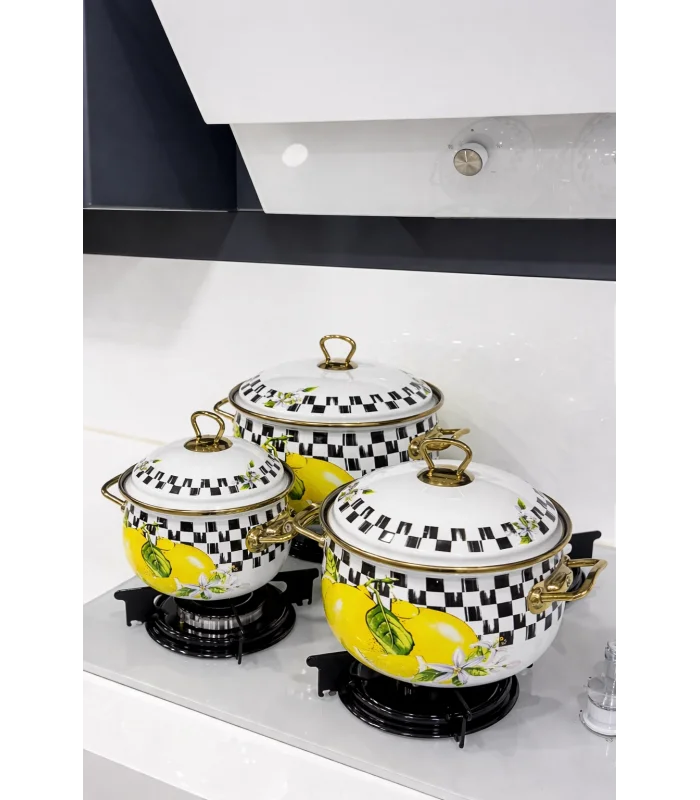 PR Home Lemon Derin Bombeli Emaye Tencere Seti 16-20-24 cm