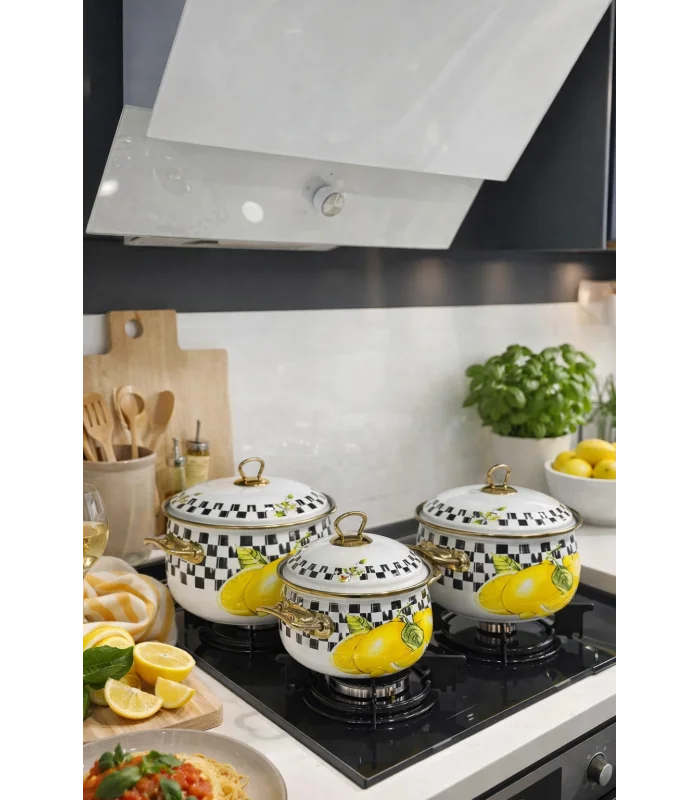 PR Home Lemon Derin Bombeli Emaye Tencere Seti 16-20-24 cm