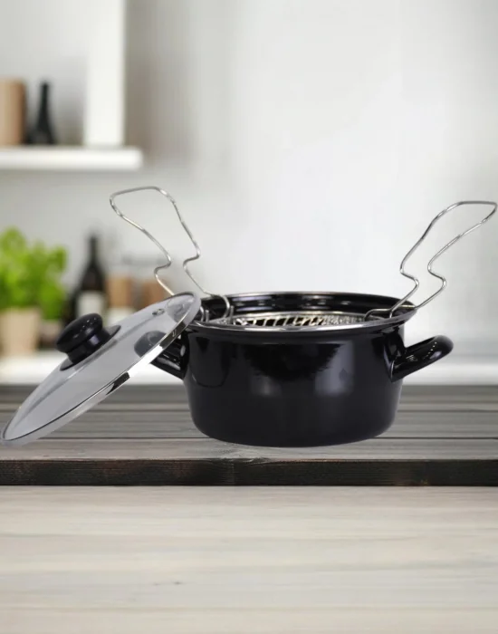 PR Home Emaye Cam Kapaklı Kızartma Tenceresi 20 cm Siyah