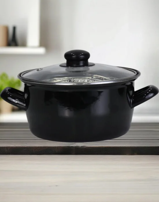 PR Home Emaye Cam Kapaklı Kızartma Tenceresi 20 cm Siyah