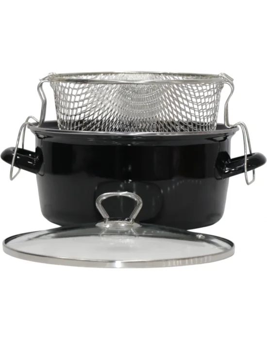 PR Home Emaye Cam Kapaklı Kızartma Tenceresi 22 cm Siyah Krom Tepeli
