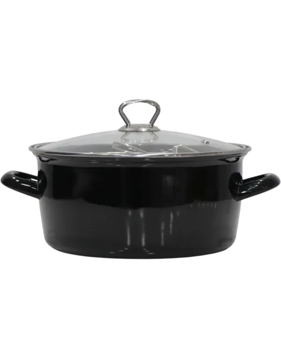 PR Home Emaye Cam Kapaklı Kızartma Tenceresi 22 cm Siyah Krom Tepeli