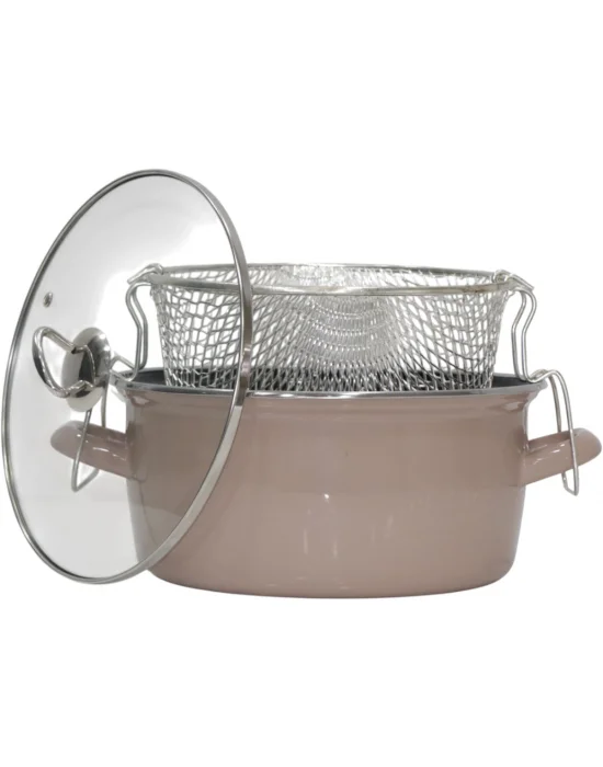 PR Home Emaye Cam Kapaklı Kızartma Tenceresi 24 cm Açık Kahverengi Krom Tepeli