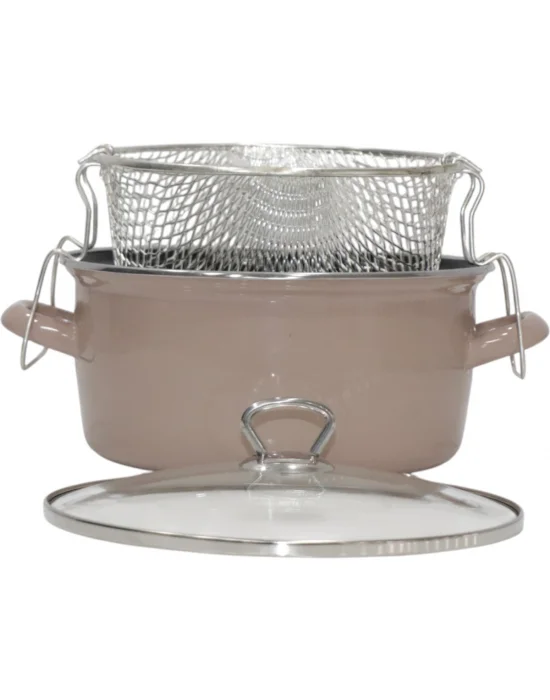 PR Home Emaye Cam Kapaklı Kızartma Tenceresi 24 cm Açık Kahverengi Krom Tepeli