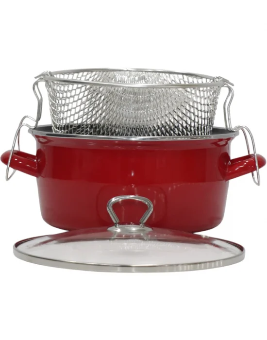 PR Home Emaye Cam Kapaklı Kızartma Tenceresi 24 cm Kırmızı Krom Tepeli