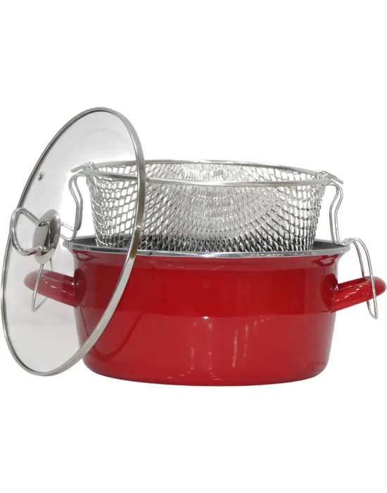 PR Home Emaye Cam Kapaklı Kızartma Tenceresi 24 cm Kırmızı Krom Tepeli