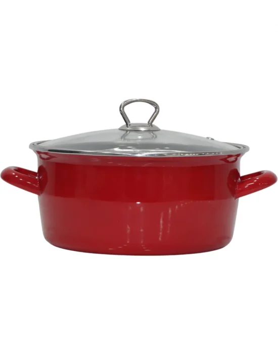 PR Home Emaye Cam Kapaklı Kızartma Tenceresi 24 cm Kırmızı Krom Tepeli