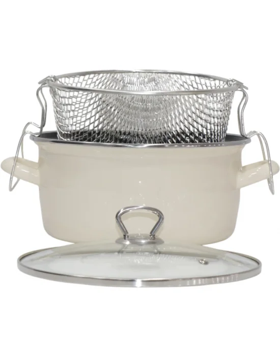 PR Home Emaye Cam Kapaklı Kızartma Tenceresi 24 cm Krem Krom Tepeli