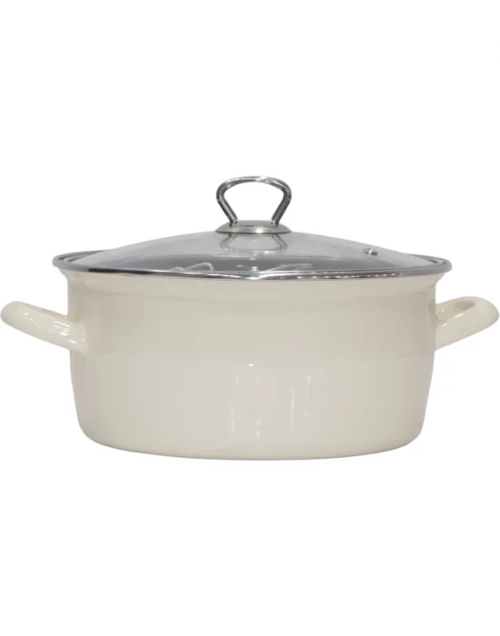 PR Home Emaye Cam Kapaklı Kızartma Tenceresi 24 cm Krem Krom Tepeli
