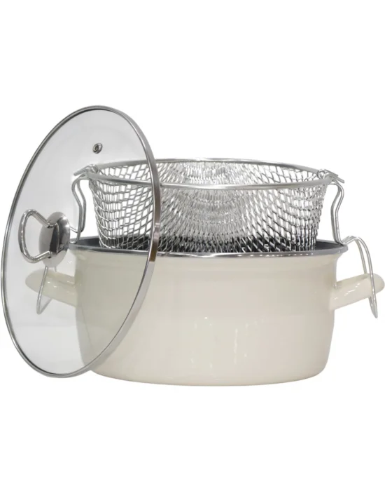 PR Home Emaye Cam Kapaklı Kızartma Tenceresi 24 cm Krem Krom Tepeli