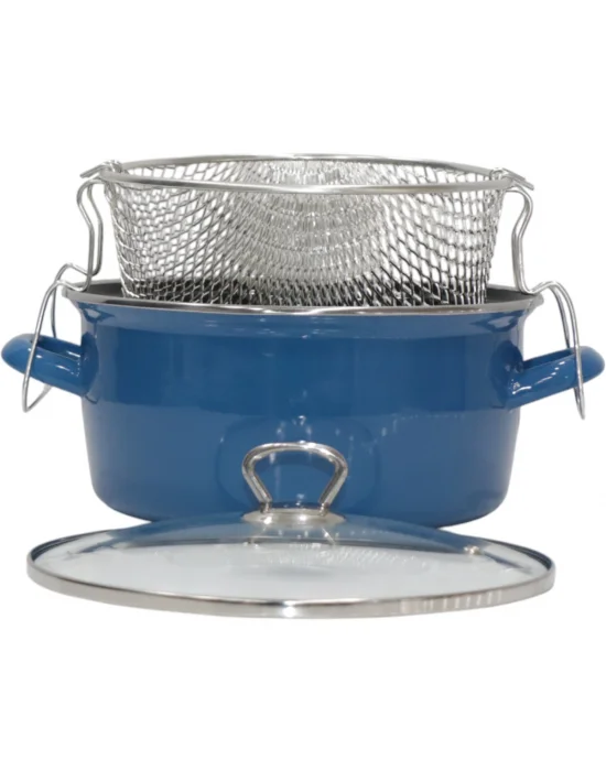 PR Home Emaye Cam Kapaklı Kızartma Tenceresi 24 cm Mavi Krom Tepeli