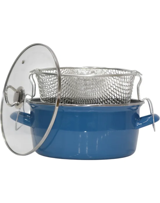PR Home Emaye Cam Kapaklı Kızartma Tenceresi 24 cm Mavi Krom Tepeli