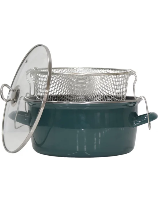PR Home Emaye Cam Kapaklı Kızartma Tenceresi 24 cm Petrol Yeşili Krom Tepeli
