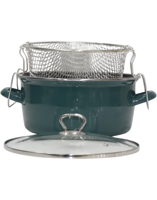 PR Home Emaye Cam Kapaklı Kızartma Tenceresi 24 cm Petrol Yeşili Krom Tepeli