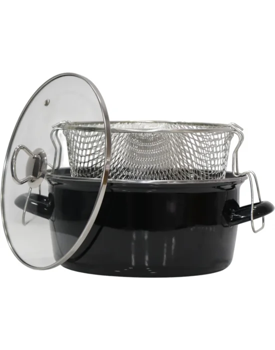 PR Home Emaye Cam Kapaklı Kızartma Tenceresi 24 cm Siyah Krom Tepeli