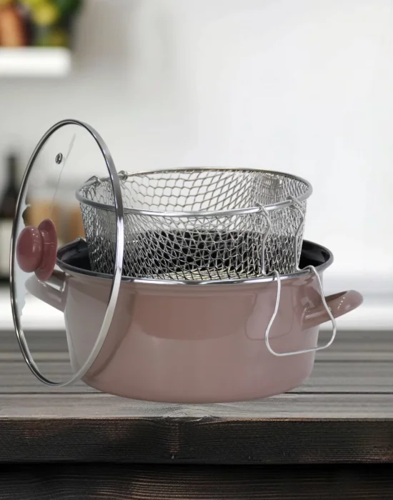 PR Home Emaye Cam Kapaklı Kızartma Tenceresi 24 cm Açık Kahverengi