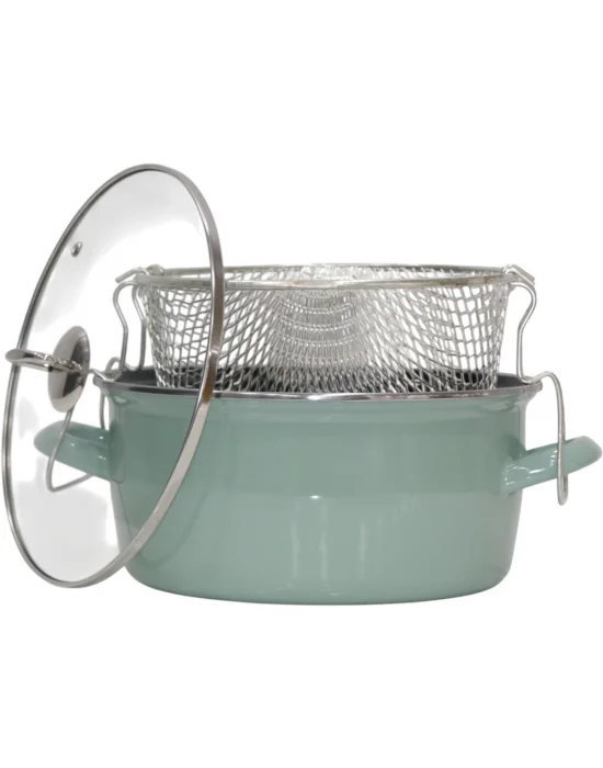 PR Home Emaye Cam Kapaklı Kızartma Tenceresi 24 cm Soft Yeşil Krom Tepeli