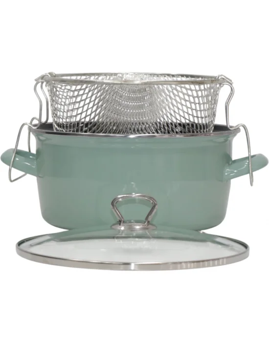 PR Home Emaye Cam Kapaklı Kızartma Tenceresi 24 cm Soft Yeşil Krom Tepeli