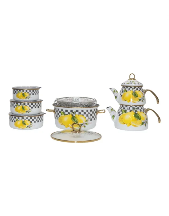 PR Home Lemon Çeyiz Seti Çaydanlık - Kızartma Tenceresi - Saklama Kabı