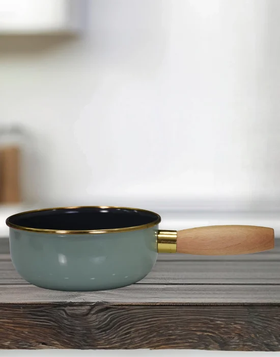 PR Home Soft Green Emaye Ahşap Saplı Haşlama ve Sos Tavası 16 cm