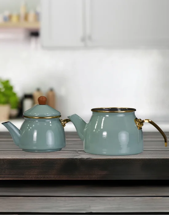 PR Home Soft Green Gold Model Emaye Çaydanlık