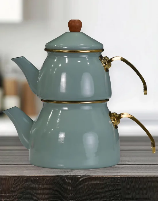 PR Home Soft Green Gold Model Emaye Çaydanlık