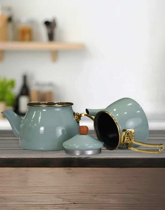 PR Home Soft Green Gold Model Emaye Çaydanlık