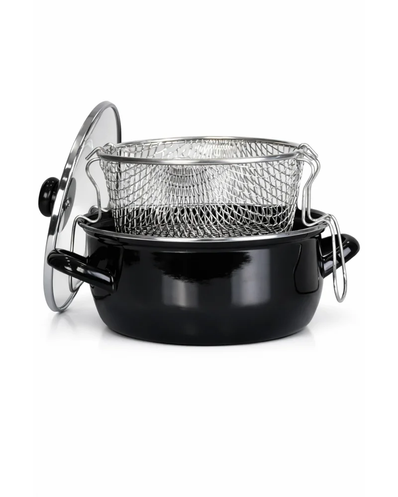 PR Home Emaye Cam Kapaklı Kızartma Tenceresi 22 cm Siyah