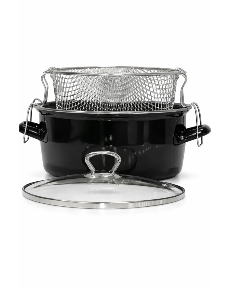 PR Home Emaye Cam Kapaklı Kızartma Tenceresi 22 cm Siyah Krom Tepeli