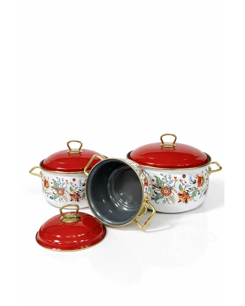 PR Home Magnolia Derin Bombeli Emaye Tencere Seti 16-20-24 cm