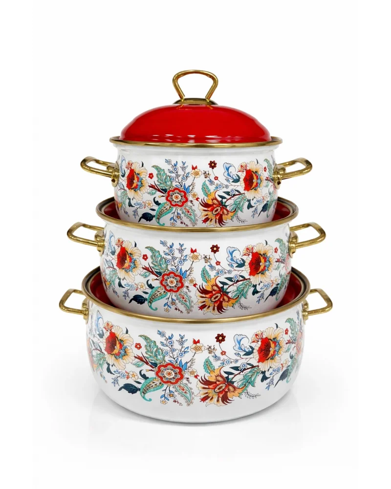 PR Home Magnolia Derin Bombeli Emaye Tencere Seti 16-20-24 cm