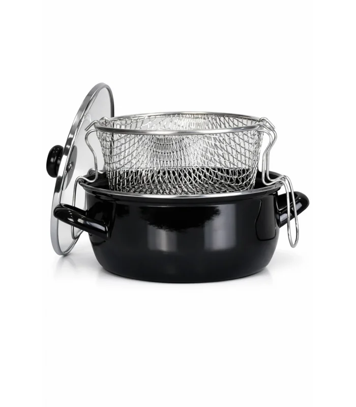 PR Home Emaye Cam Kapaklı Kızartma Tenceresi 20 cm Siyah