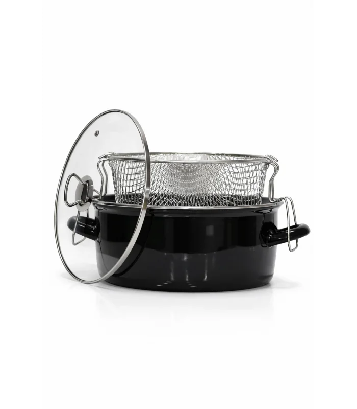 PR Home Emaye Cam Kapaklı Kızartma Tenceresi 22 cm Siyah Krom Tepeli