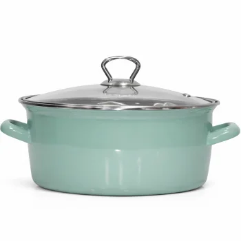 PR Home Emaye Cam Kapaklı Kızartma Tenceresi 24 cm Soft Yeşil Krom Tepeli