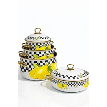 PR Home Lemon Derin Bombeli Emaye Tencere Seti 16 - 20 -24 - 26 Pilav Tencere Seti