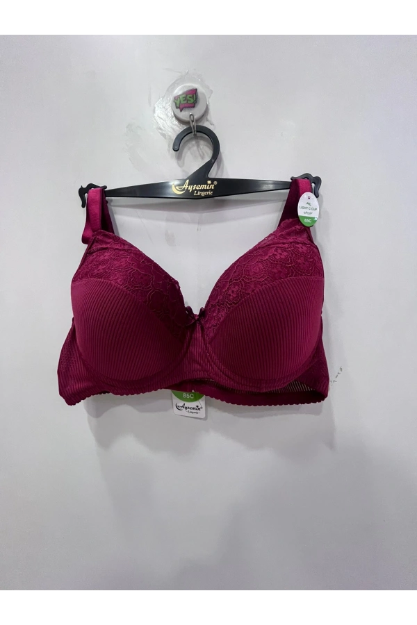 NERGİZ ÇİZGİLİ ÖNÜ DANTELLİ TOPARLAYICI SÜTYEN-bordo