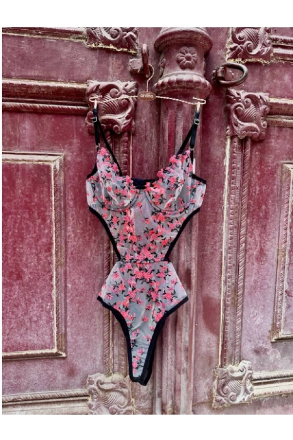 Arona Kadın Transparan Çiçek Desenli Tül Siyah Bodysuit