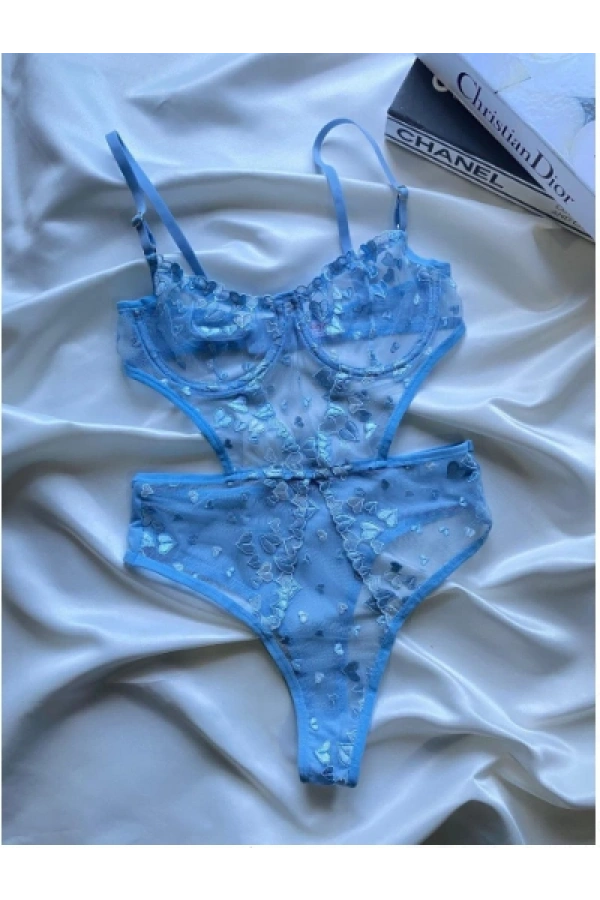 Arona Kadın Transparan Çiçek Desenli Tül Mavi Bodysuit