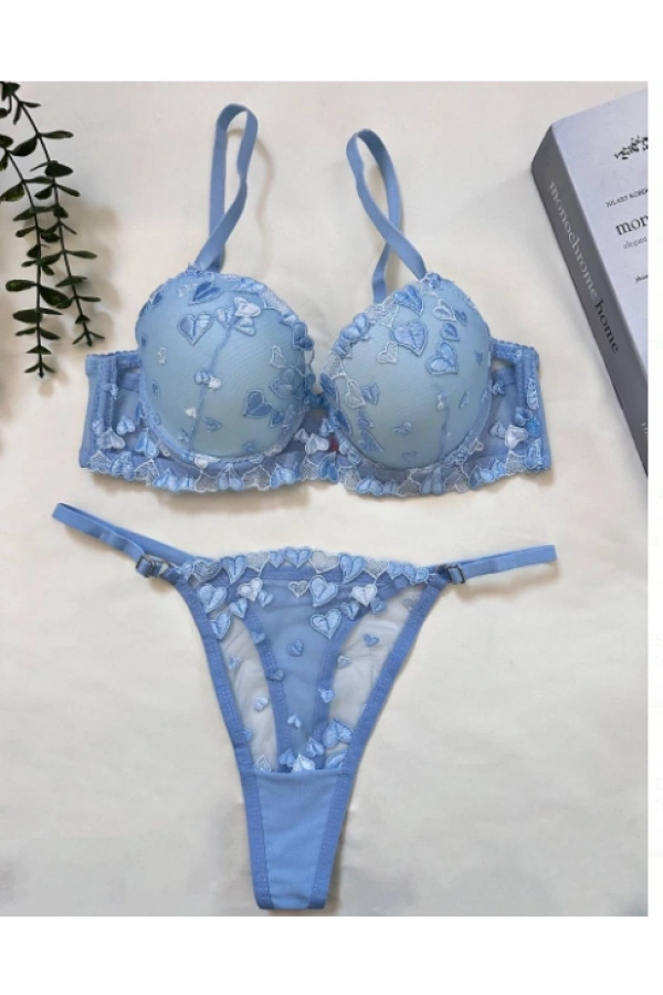Arona Kadın Destekli Brode İşlemeli Mavi Zarif Sütyen Takımı