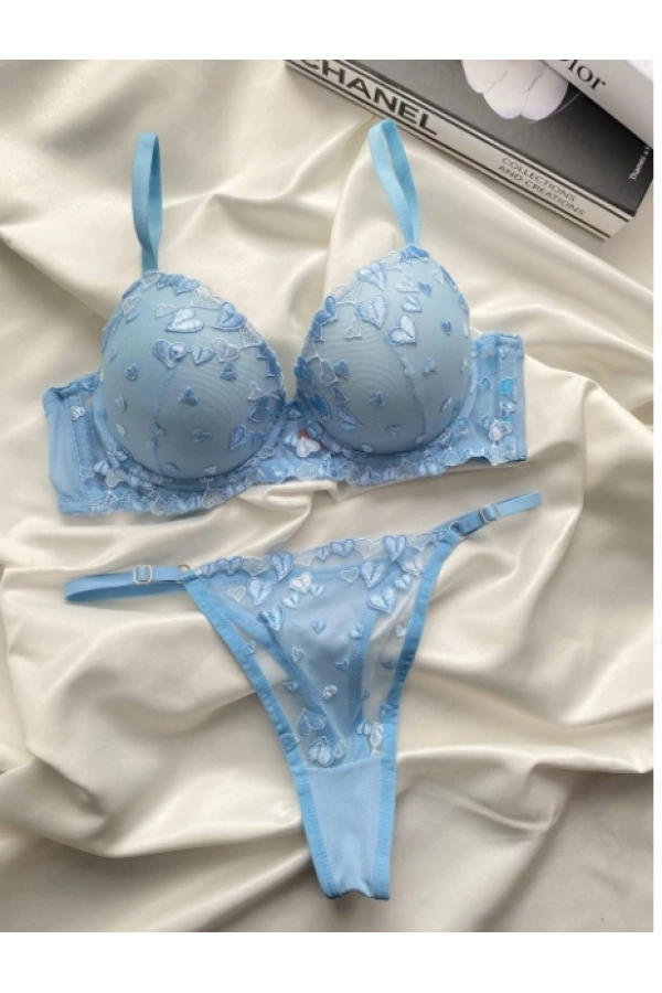 Arona Kadın Destekli Brode İşlemeli Mavi Zarif Sütyen Takımı