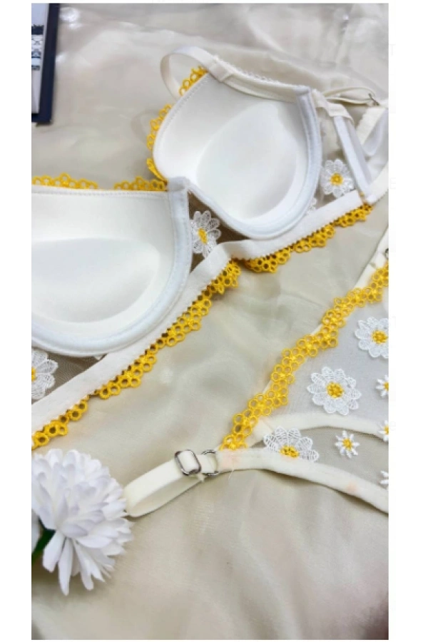 Arona Kadın Çiçek Desenli Destekli Brode İşlemeli Büstiyer Takımı - Beyaz