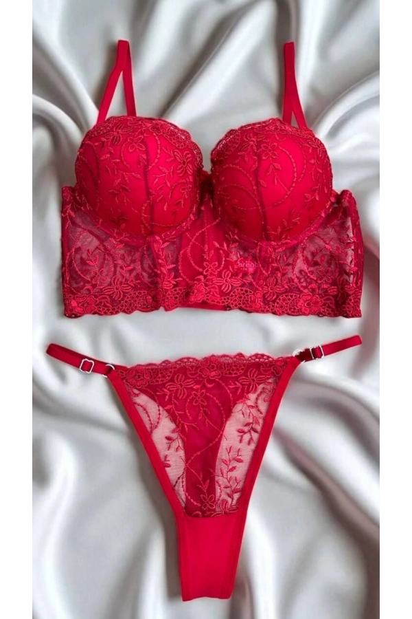 Arona Kadın Destekli Çiçek Desenli Brode Kırmızı Büstiyer Takımı